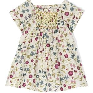 Bonpoint Cream Floral Smocked Cotton Dress with Pink and Blue Flowers